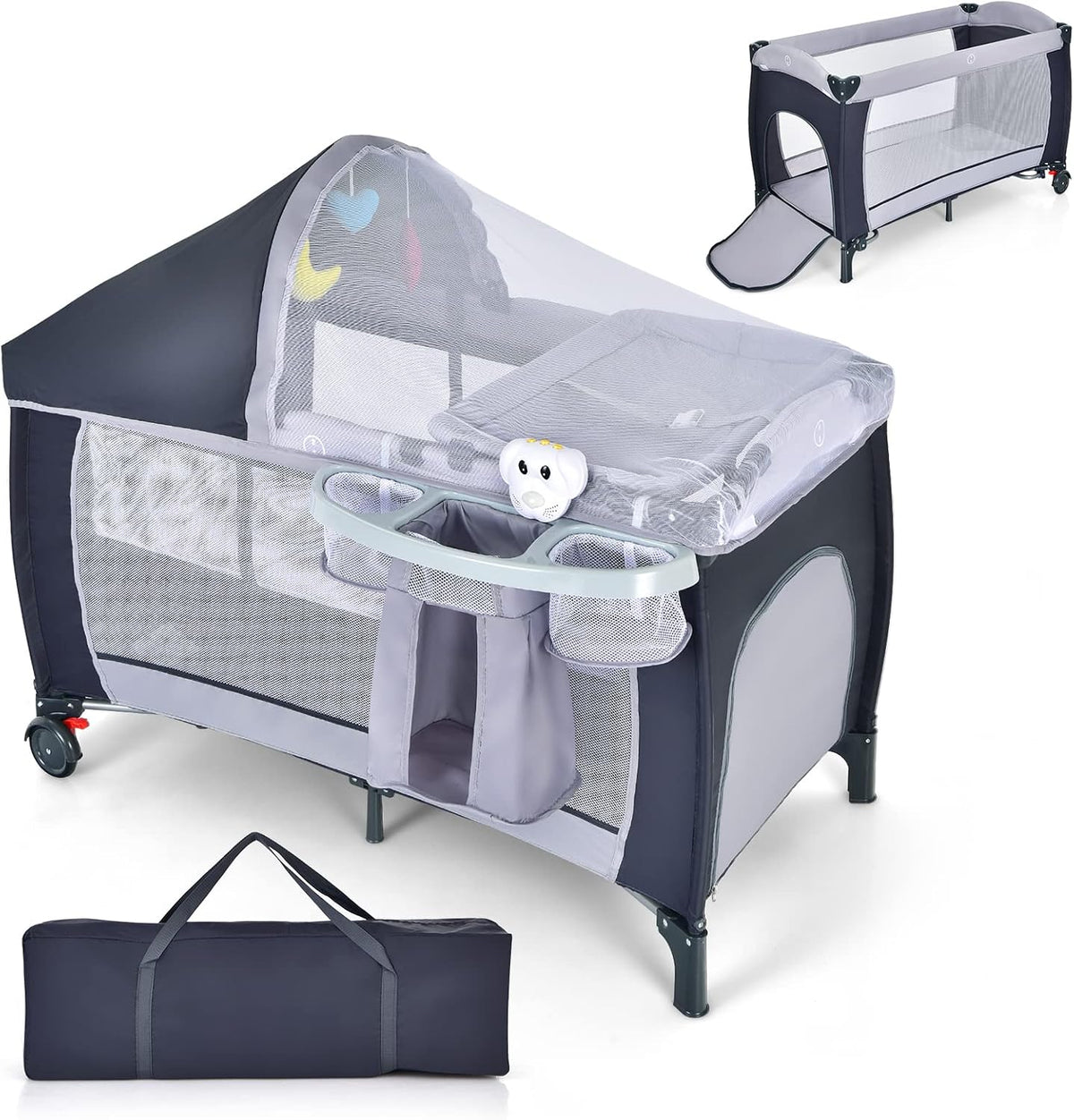 Lit, 120 × 60 × 72 cm, Parc pour Bébé avec Matelas, COSTWAY, 0-36 Mois, Gris, Moustiquaire, Entrée Latérale, Sac à Jouets, Boîte à Musique