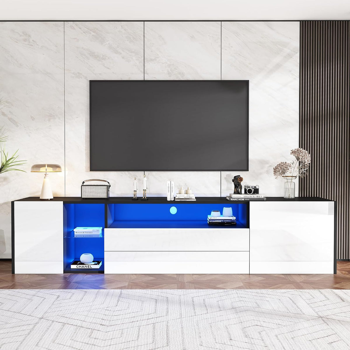 Meuble TV, 180 × 40 × 45 cm, verre, télécommande, Convient pour Salon ou Chambre, Yihomfy, Blanc-4Z, Moderne Haute Brillance TV avec 2 Portes
