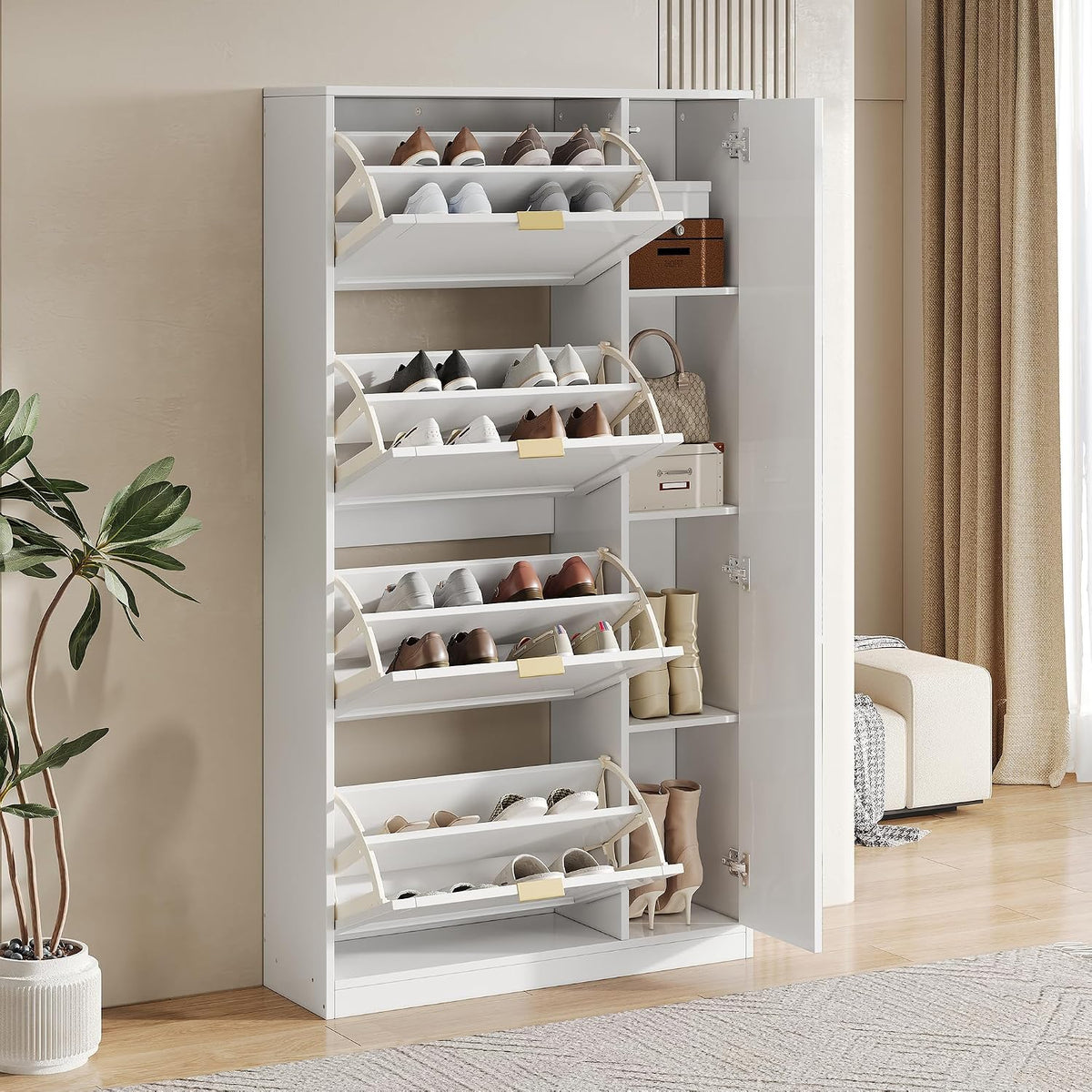 Armoire, 4 Portes, réglable, Meuble Blanc pour entrée, QSOST, 4 Portes abattantes et étagères Ajustables, Couloir, Salon ou Chambre