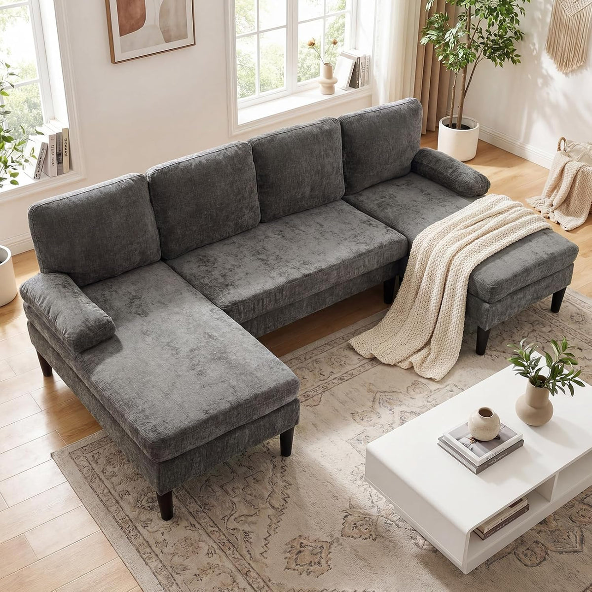 Canapé, 258 × 125 × 71, 5 cm, Tissu en Velours Côtelé/Chenille Doux, COSTWAY, 57 × 46 × 13 cm, 18 cm, 4 Coussins, Gris, Modulable, Moderne