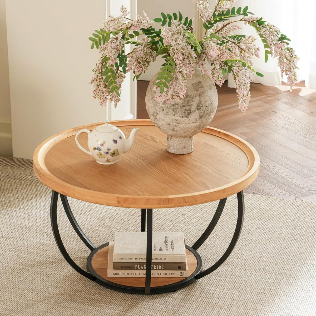 Table basse, 80 cm, télécommande, Cagnolier, 2 niveaux, 80xH45cm, Bord relevé, Chêne Clair Naturel