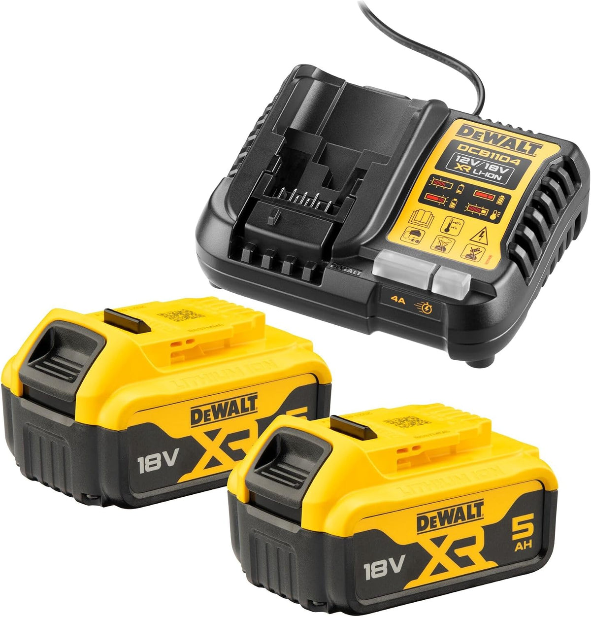 Pack batterie, éclairage LED, 2 niveaux, DEWALT, DCB1104P2-QW, 18V, 5Ah, 10.8V, 12V, 14.4V, 4Ah, Pack 2 batteries XR 18V 5Ah Li-Ion + chargeur
