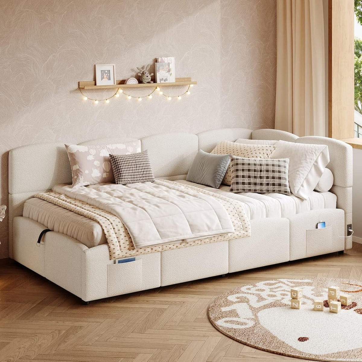Lit KOMHTOM, 90 × 200cm, télécommande, sans Matelas, Beige-Bouclé
