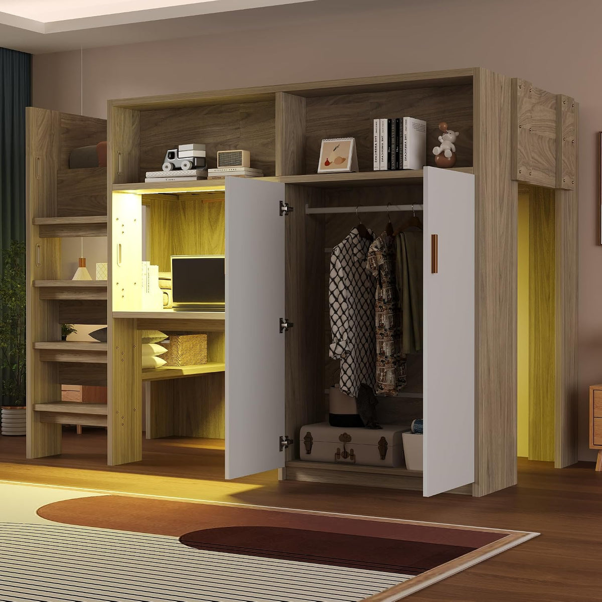 Lit, éclairage LED, 90 × 200 cm, Coloris Bois, avec Bureau, Sapgaks, réglable, Armoire et Compartiments de Rangement, Matelas Non Inclus