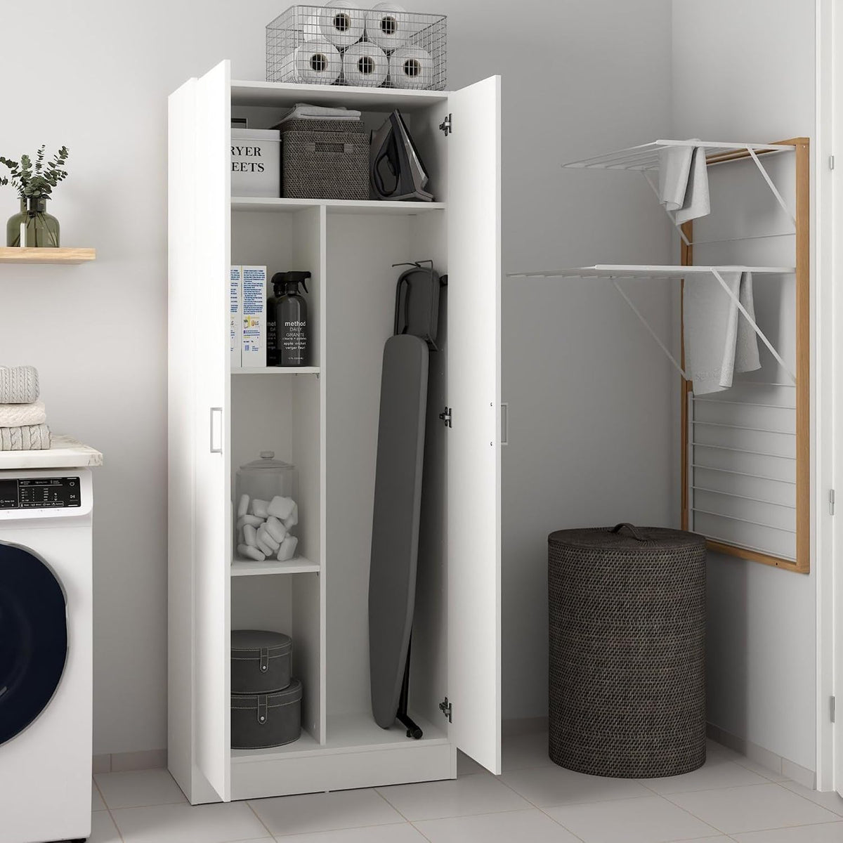 Armoire, 15 mm, Étagère à chaussures avec étagères, Dmora, 2 portes, 3mm, Blanc, portable, Placard à balai