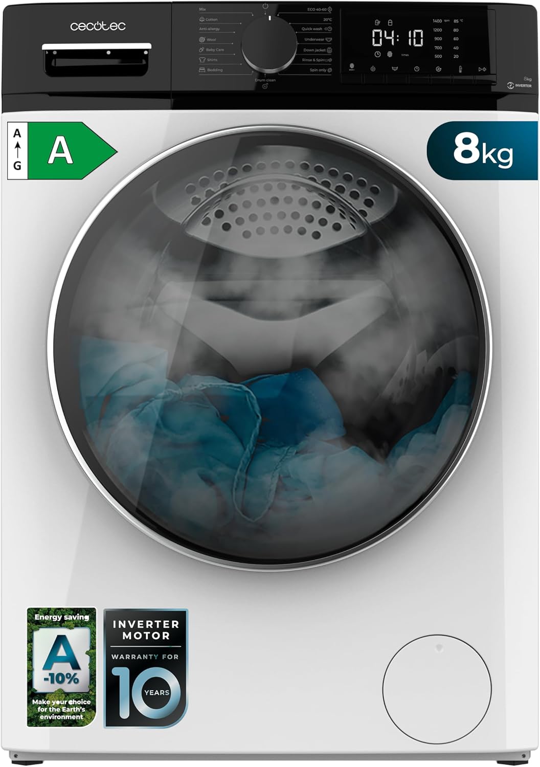 Lave-linge Cecotec, avec fonction vapeur, 1400 tr/min, 8 Kg, Capacité de 8 Kg, optimise le niveau d'eau et le lavage, 15 programmes
