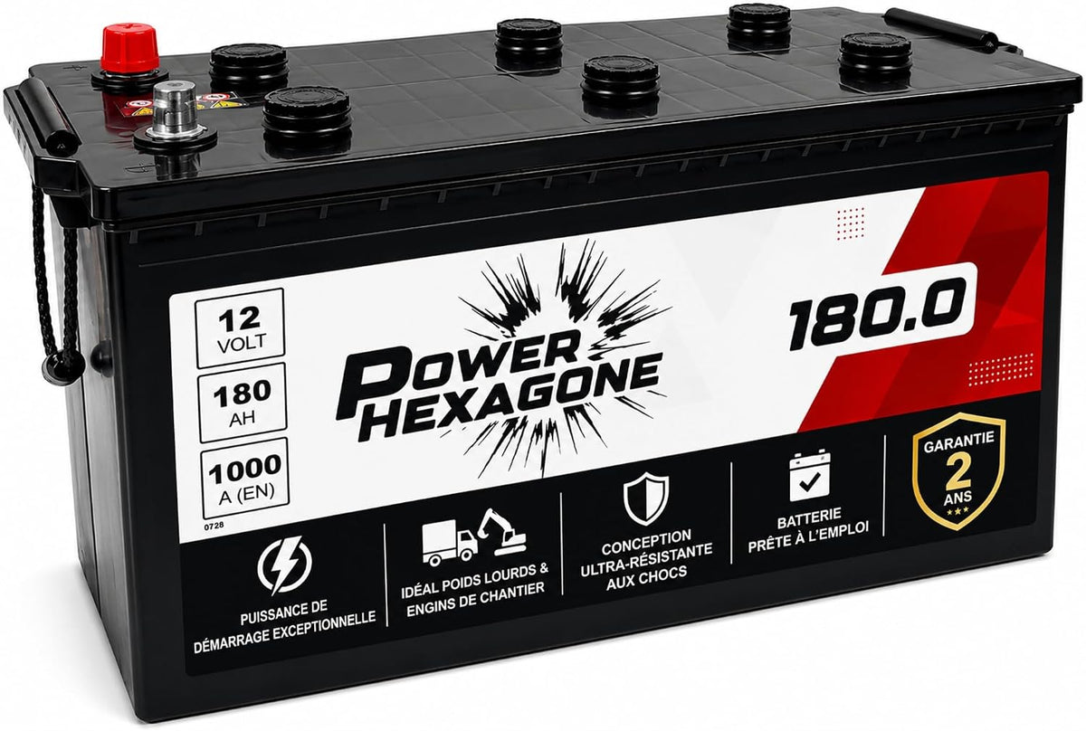 POWER HEXAGONE Batterie de voiture, Batterie 12V 180Ah B, 1100A, Démarrage 1100A, Batterie Poids Lourd Sans Entretien, Engin