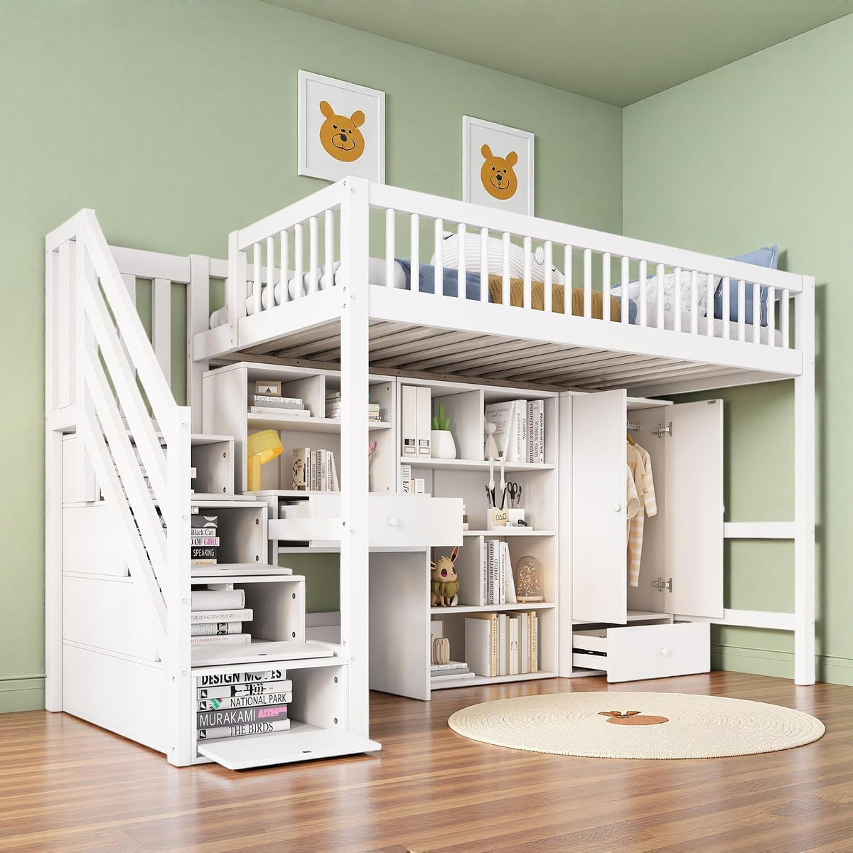 Lit Sapgaks 90x200, superposé 2 Places, Bois Massif + MDF, Blanc