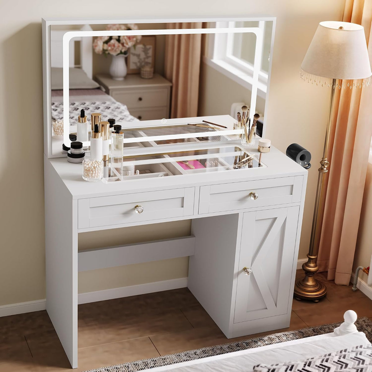 Coiffeuse, Bureau Transparent, 80 cm, éclairage LED, verre, YITAHOME, 50 cm, 90 cm, 40 cm, 136 cm, 3 modes, réglable, avec tiroirs divisés