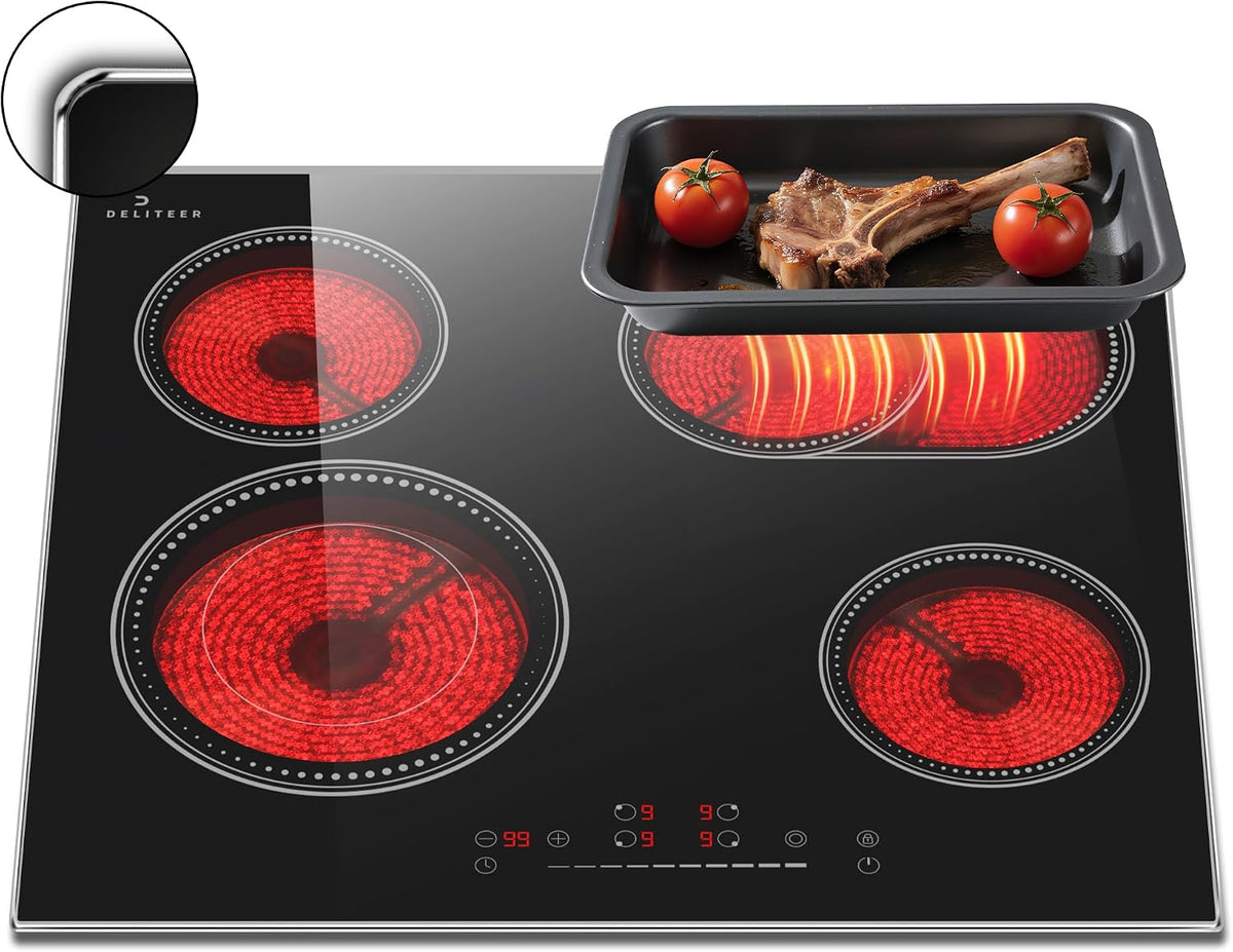 Plaque de cuisson DELITEER, Plaque Vitrocéramique 4 Feux avec Zone Ovale et Double, 27 cm, verre, 13, 8 cm, 23 cm, 9 NIVEAUX, 6600W
