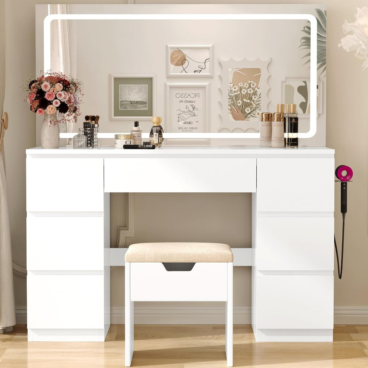 Coiffeuse, 115 × 60 cm, Table de Maquillage Moderne avec 7 Tiroirs, Meuble de Chambre à Coucher, Devoko, 3 modes, 115 × 60cm, Blanc