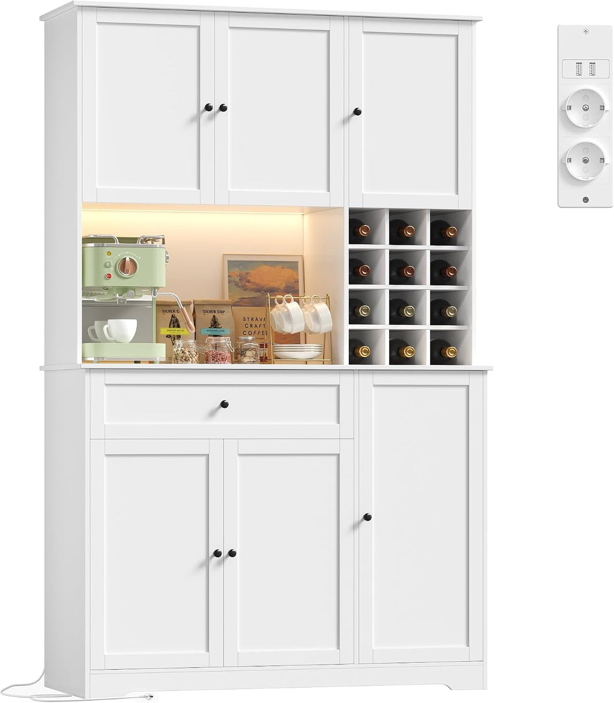 Buffet, 180 × 100 × 39 cm, éclairage LED, Meuble Cuisine Rangement Haut Blanc, FirFurd, 100 × 38, 5 cm, 6 portes, 8 étagères