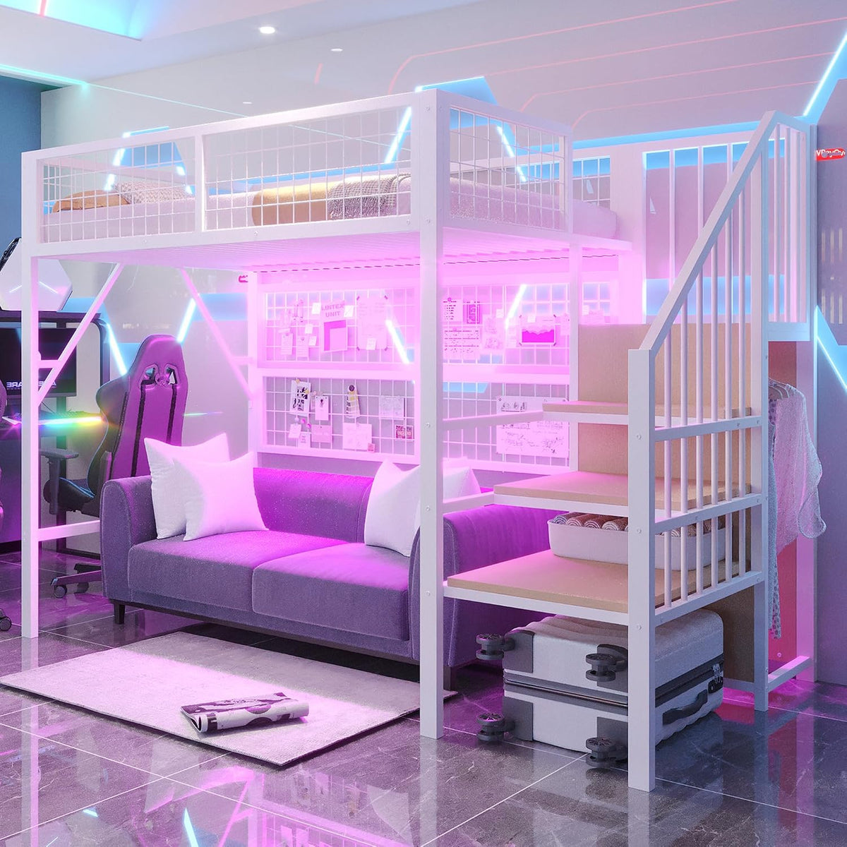 Lit, éclairage LED, 90 × 200 cm, pour Enfants et Adolescents, Merax, 95 cm, 137 cm, avec Bande LED APP, Blanc, sans Matelas