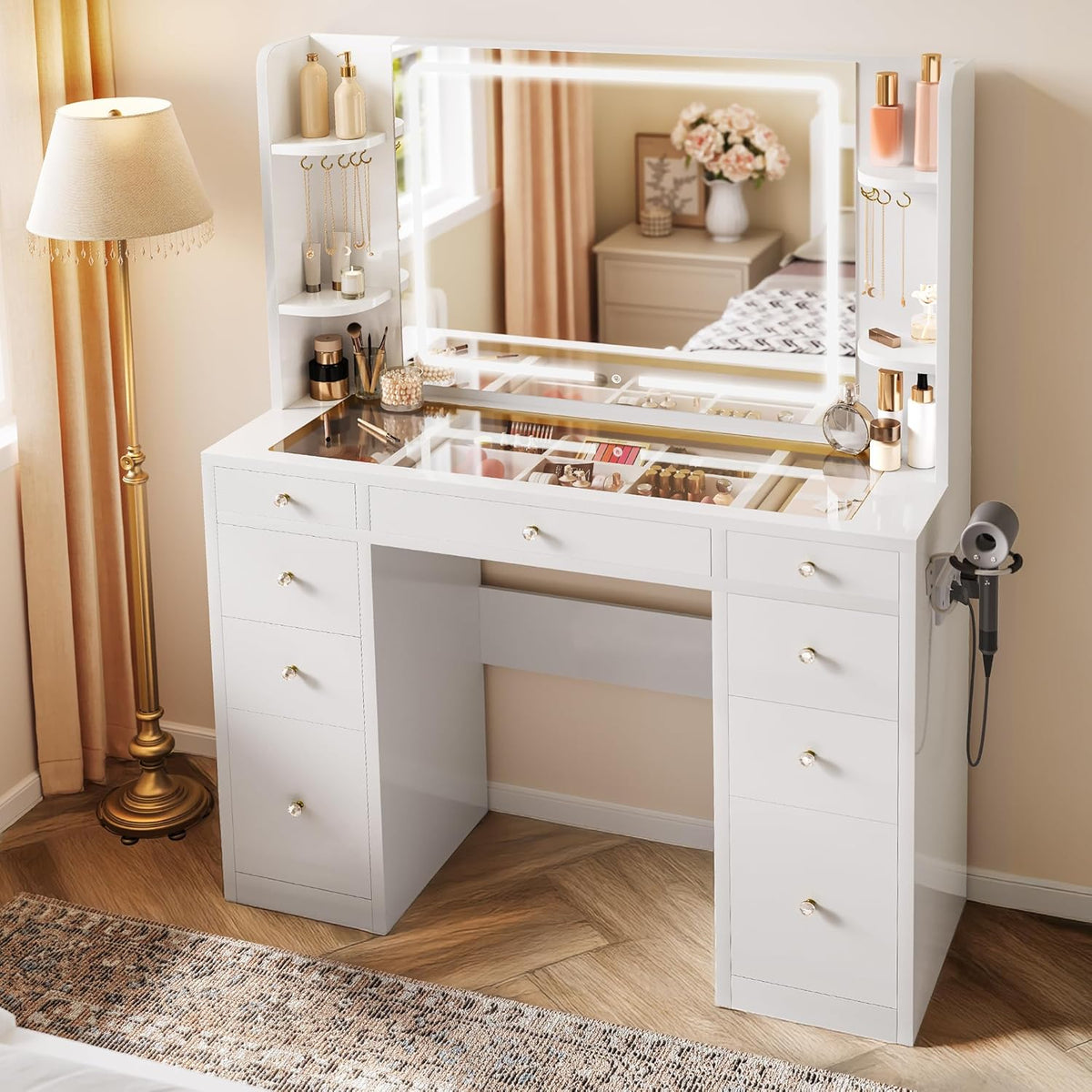Coiffeuse, verre, 80 × 60 cm, éclairage LED, Bureau Transparent, YITAHOME, 110 cm, 40 cm, 142 cm, 3 modes, 9 tiroirs, réglable, portable