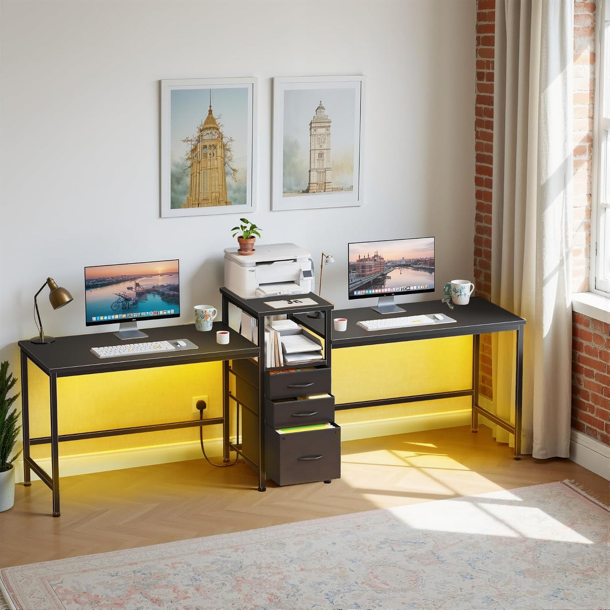 Bureau, éclairage LED, 236 cm, OYRREU, 236cm, 2 tiroirs, 1Tiroirs, 2Étagère, réglable, LED & Prise Intégrée, Noir