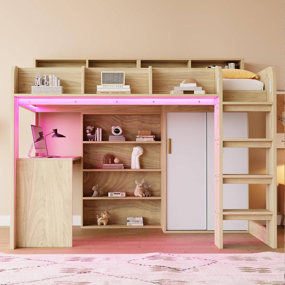 Lit, Coloris Bois, 90 × 200cm, éclairage LED, avec Bureau, Sapgaks, Armoire et Compartiment de Rangement, Matelas Non Inclus