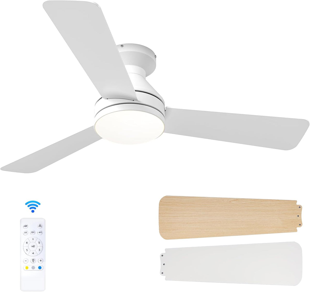 Ventilateur de plafond Passky, télécommande, 107 cm, 35 dB, 6 vitesses, 132cm, Blanc, minuterie