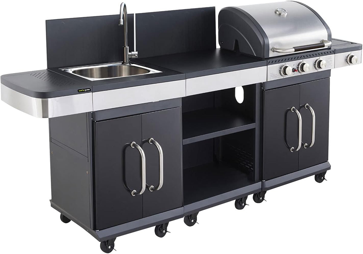 Cuisine d'extérieur, 3 Brûleurs avec Thermomètre, Cuisine Extérieure Modulable FIDGI 3, acier inoxydable, Cook'in garden, 11, 5 kW, 114cm
