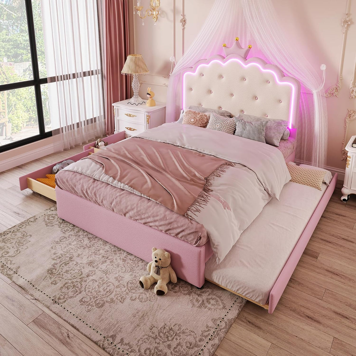 Lit Merax 140x200, en PU Cuir, 140 × 200 cm, éclairage LED, Cadeau de Chambre pour Fille, Tiroir Extensible et 2 casiers, réglable, sans Matelas