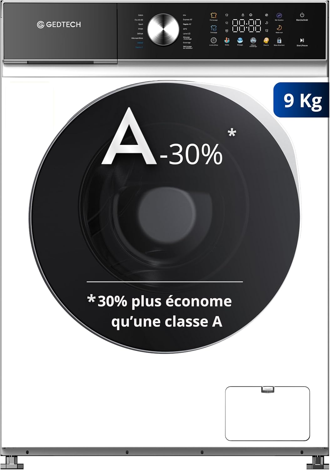 GEDTECH GLLPS91400WH Lave-linge, 9 Kg, éclairage LED, 16 programmes, 8kg, 1400 tr/mn, Panneau commande LED couleur, Eco, Intensif, Rapide