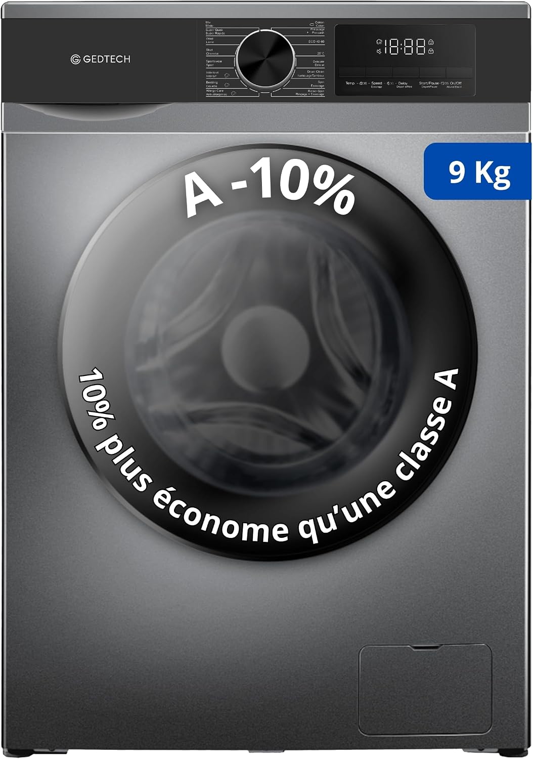 GEDTECH GLL91400DG Lave-linge, 9 Kg, éclairage LED, 16 programmes, 1400 tr/mn, Dark Gris, moteur Inverter, Eco, Intensif, Rapide