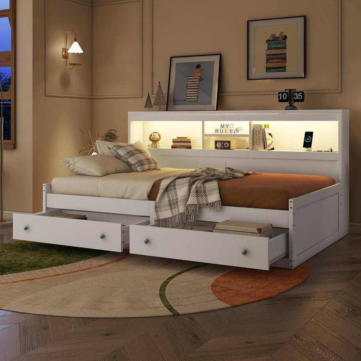 Lit, 90 × 200cm, éclairage LED, KOMHTOM, 2 Tiroirs, réglable, sans Matelas, Blanc