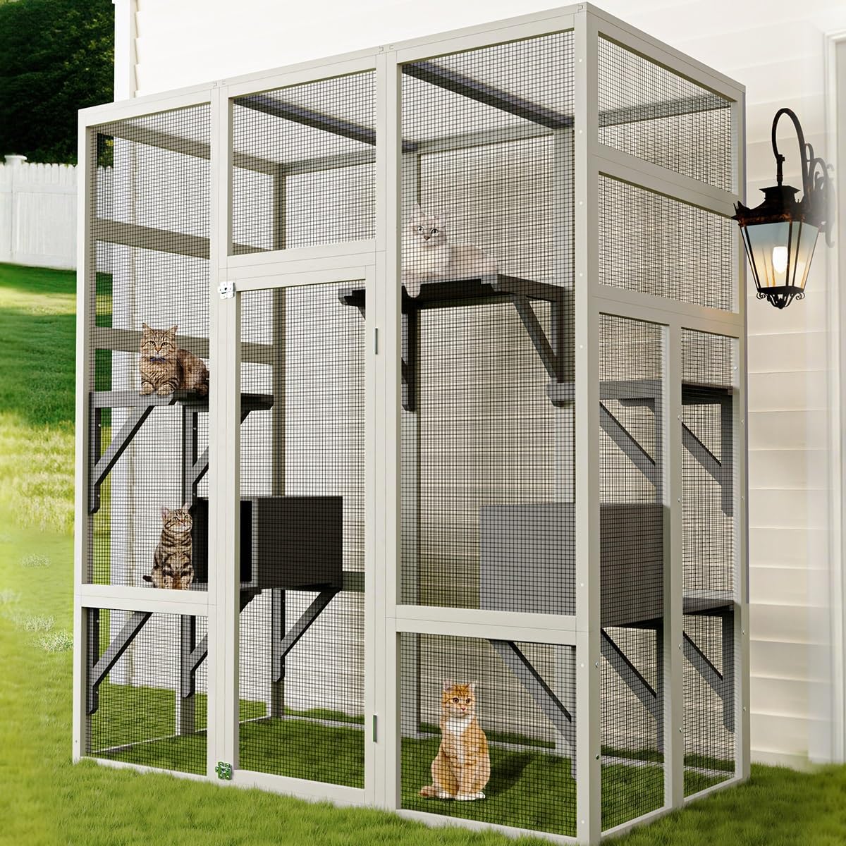 Maison et dômes, Cage extérieure pour chats offre de la place pour jusqu'à 6 chats, Grande maison pour chats avec toit imperméable, 180, GarveeTech