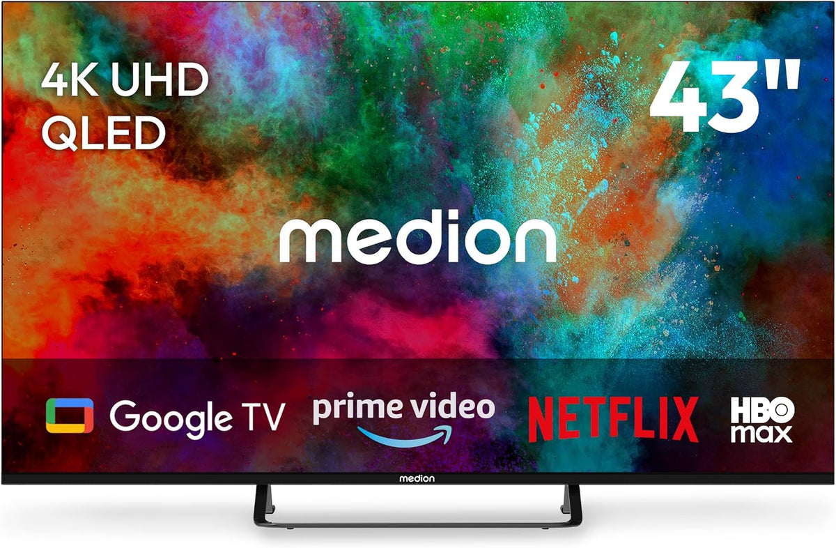 Téléviseur MEDION, télécommande, 108 cm, 43 pouces, TV QLED 4K 108 cm, HDR10, MD 843701, Wi-Fi, Bluetooth, Dolby Vision, Full HD