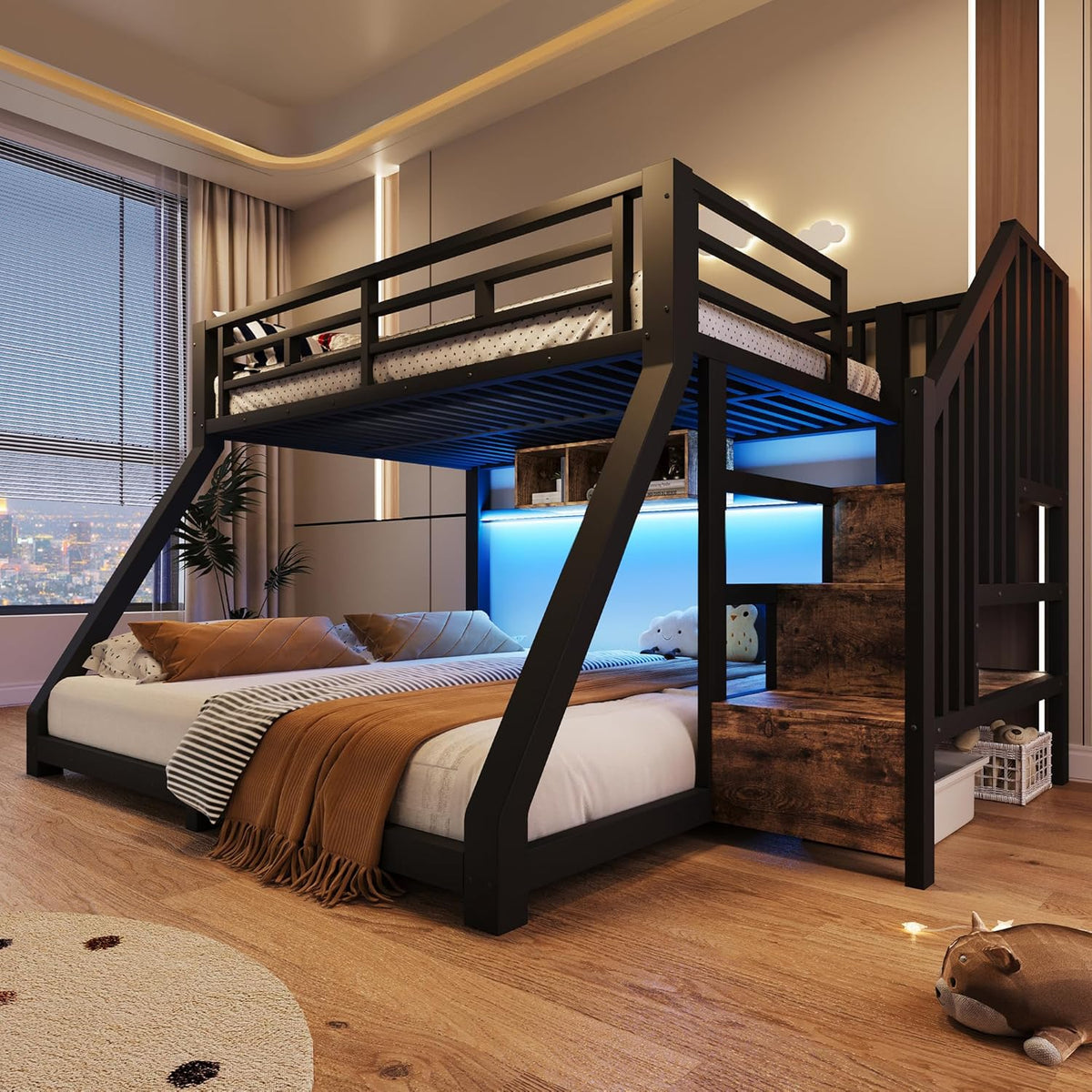 Lit, 90 × 200 cm, éclairage LED, Sapgaks, 140 × 200 cm, escalier avec espace de rangement, noir, trois compartiments de rangement