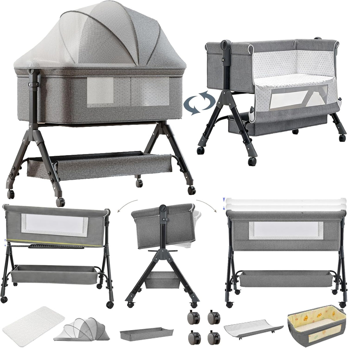 Lit Doraystar, X3 Gris, pliable, Pliable Convertible Cododo Berceau Bébé Co-Sommeil