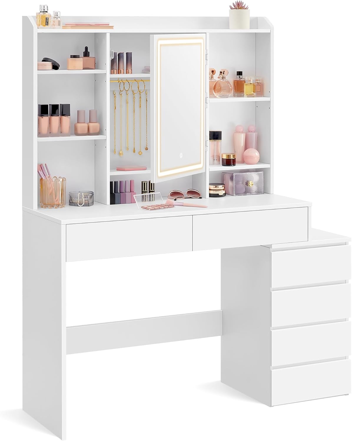 Coiffeuse, 40 × 118, 3 × 145 cm, éclairage LED, VASAGLE, 3 niveaux, RDT624WB01, 2 étagères, 4 tiroirs, Kailyn Collection RDT624WB01, réglable
