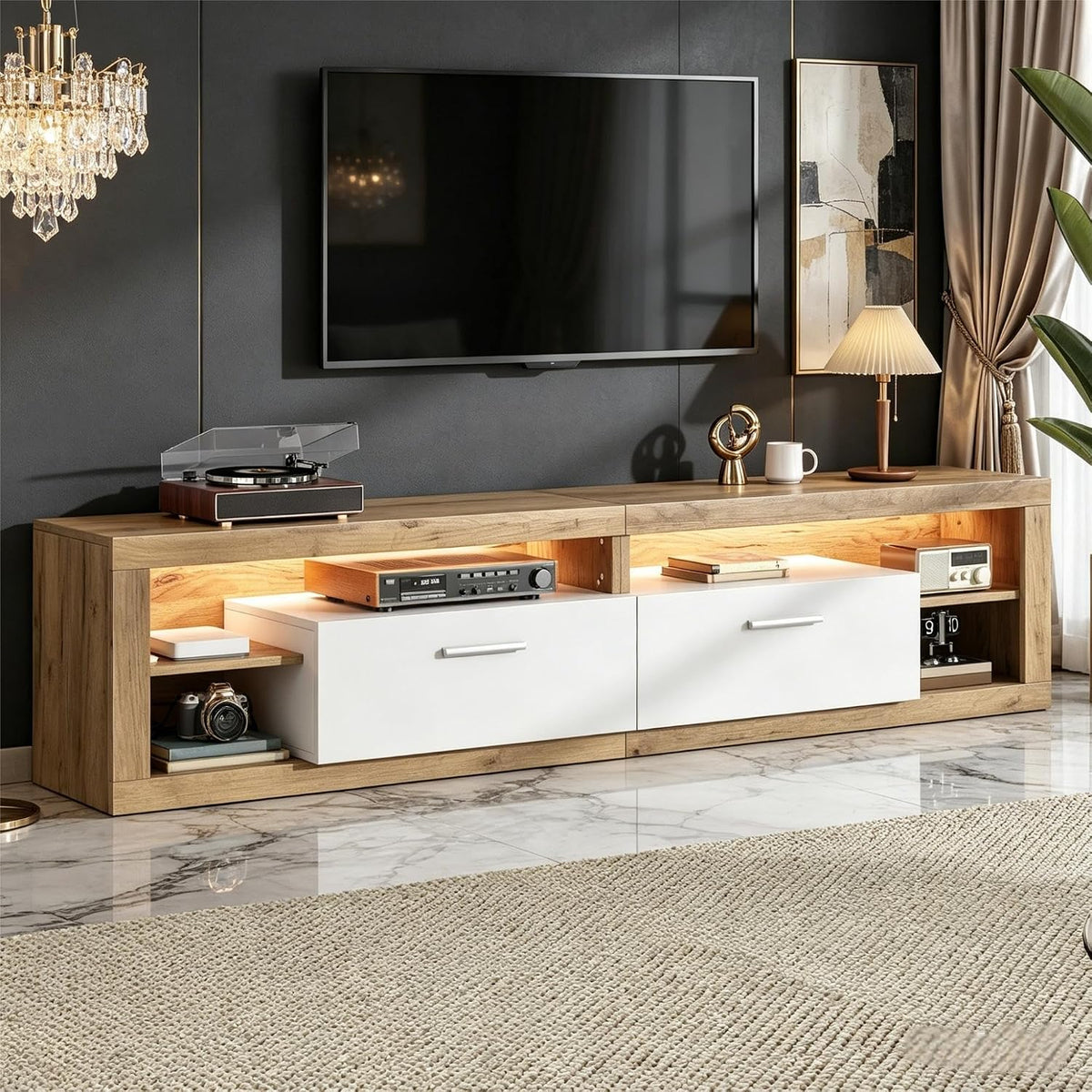 Meuble TV, pour TV 75 Pouces, 180 × 35, 5 × 50 cm, télécommande, Yihomfy, 180 cm, 2 Tiroirs, éclairage LED, portable