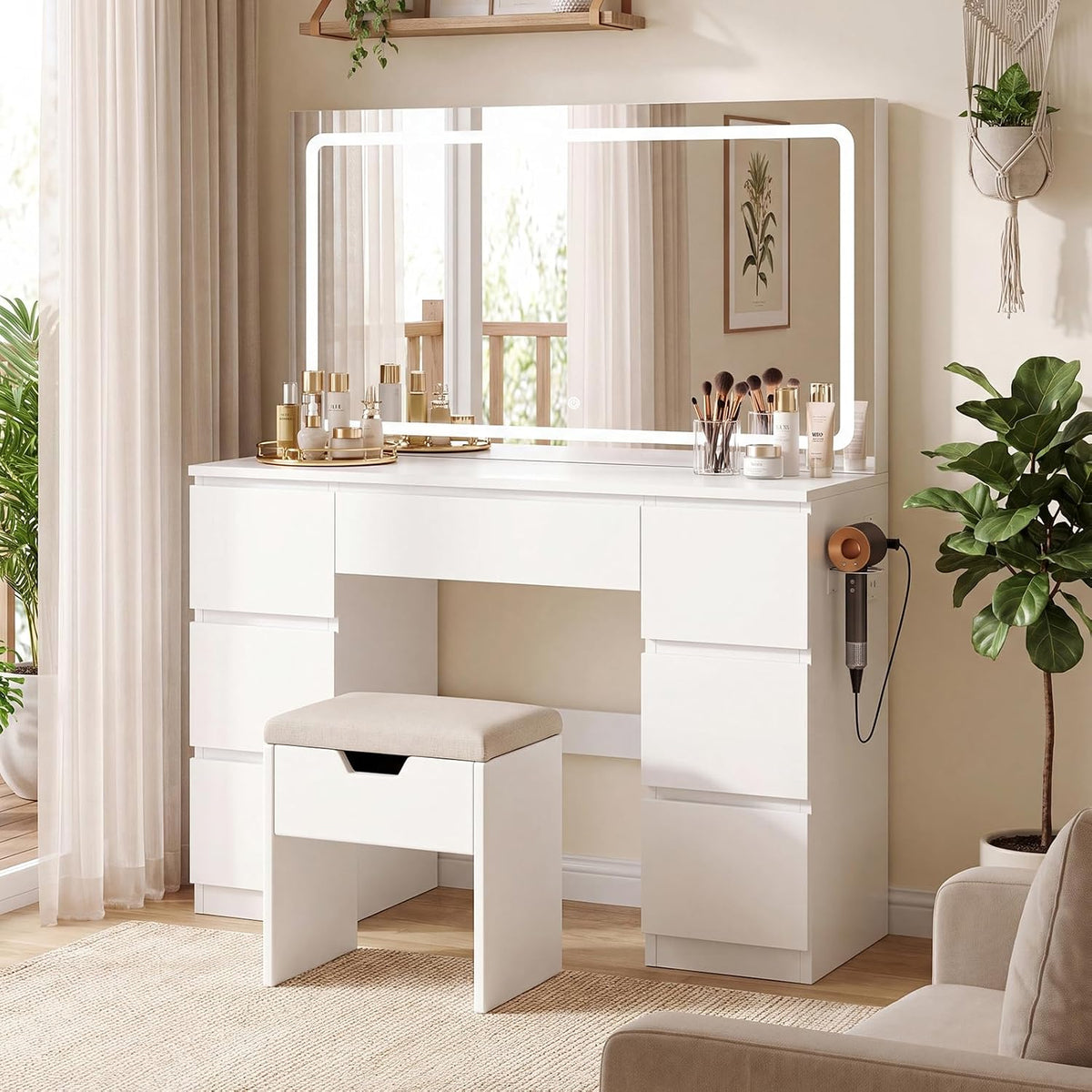 Coiffeuse, Table de Maquillage Moderne avec 7 Tiroirs, 115 × 60 cm, Meuble de Chambre à Coucher, JUMMICO, 3 modes, 115 × 60cm, éclairage LED, Blanc