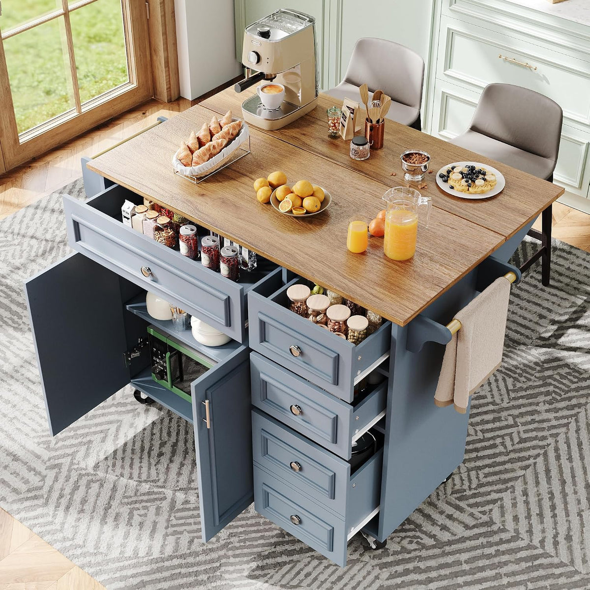 Table, Porte-Serviettes-Meuble Multifonction pour Cuisine et Salle à Manger, 110 × 45 × 92 cm, Yihomfy, Économique d'Espace, Bleu