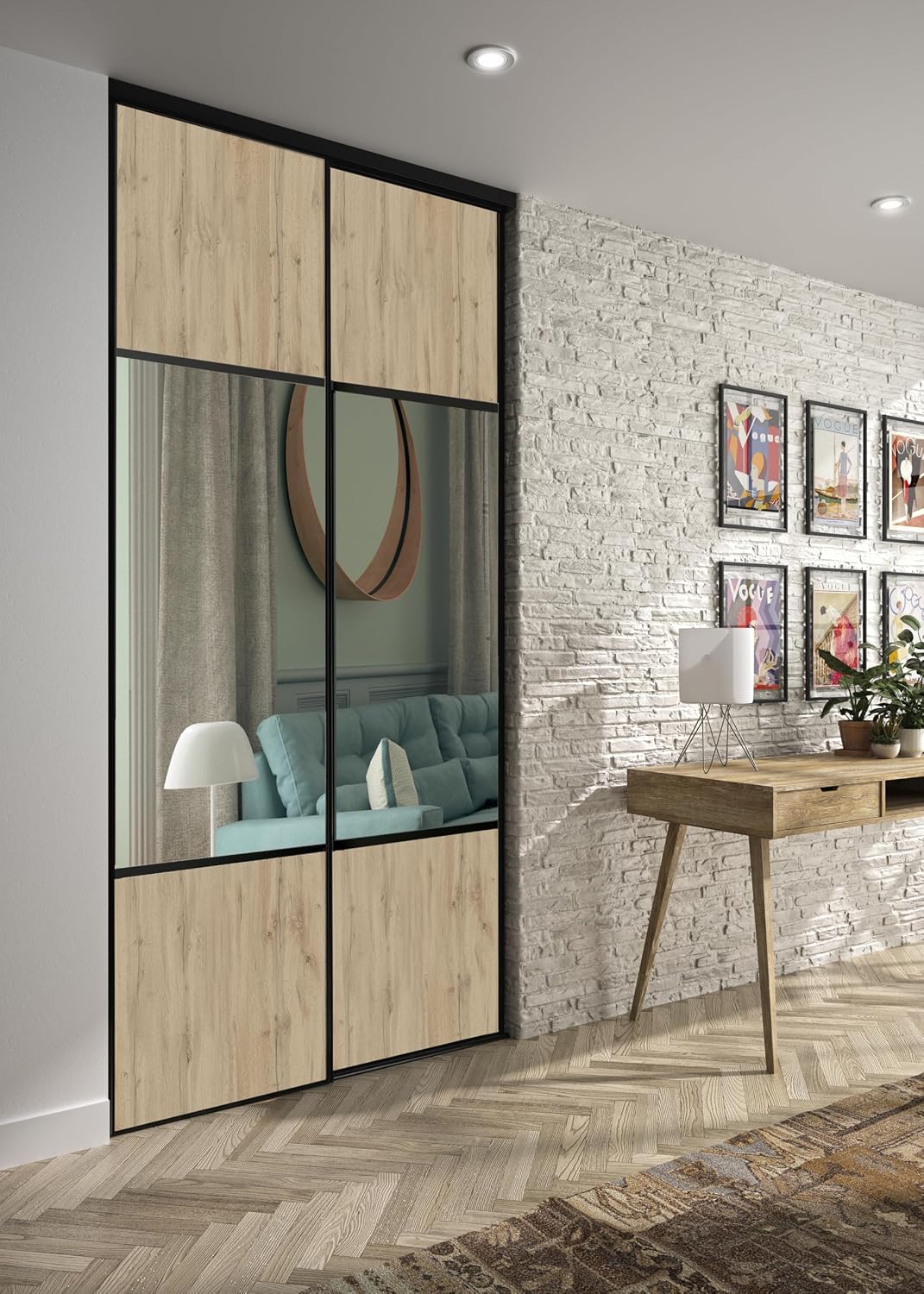 OPTIMUM Porte coulissantes, Style Moderne pour Dressing ou Séparation, 120 × 250 cm, Panneaux Bois et Miroir, 180 × 250 cm