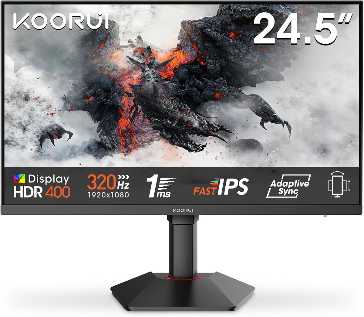 KOORUI Écran PC, réglable, 25 Pouces, 75 × 75 mm, 100 mm, G2511E 1080P, 75 × 75mm, 320Hz, 1ms, HDR400, HDMI 2.0/DP1.4, Fast IPS, Adaptive Sync