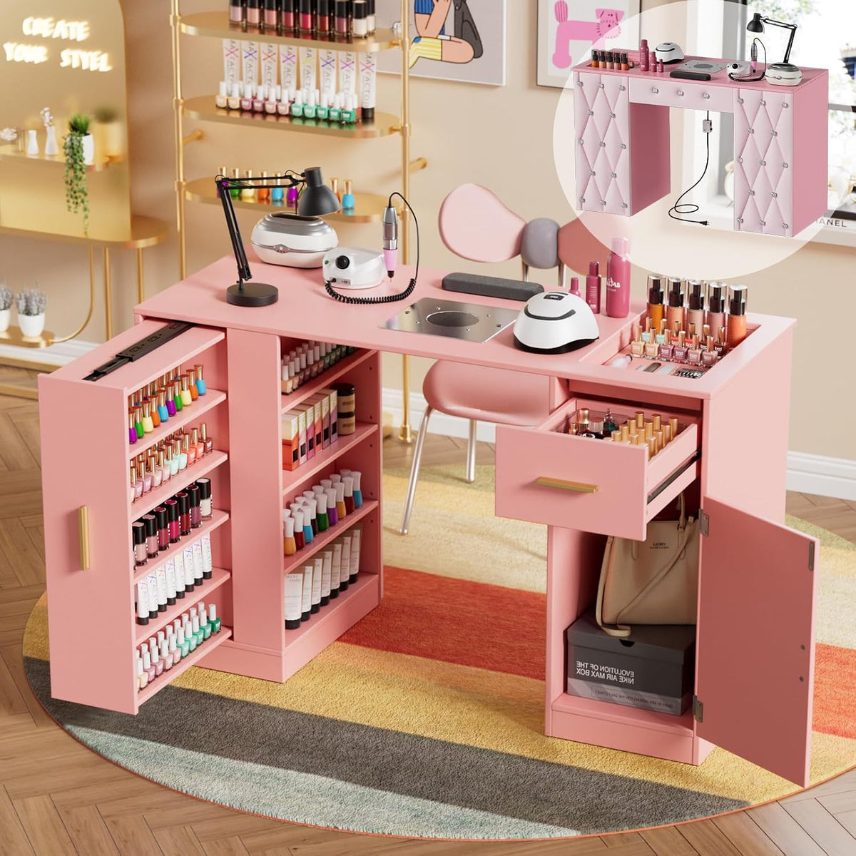 Table de manucure, Table Onglerie Professionnel en Bois avec Tiroirs, 108 × 45 × 77 cm, pour Le Salon, MSFE, 108 cm, 45 cm, 4 étagères, Rose