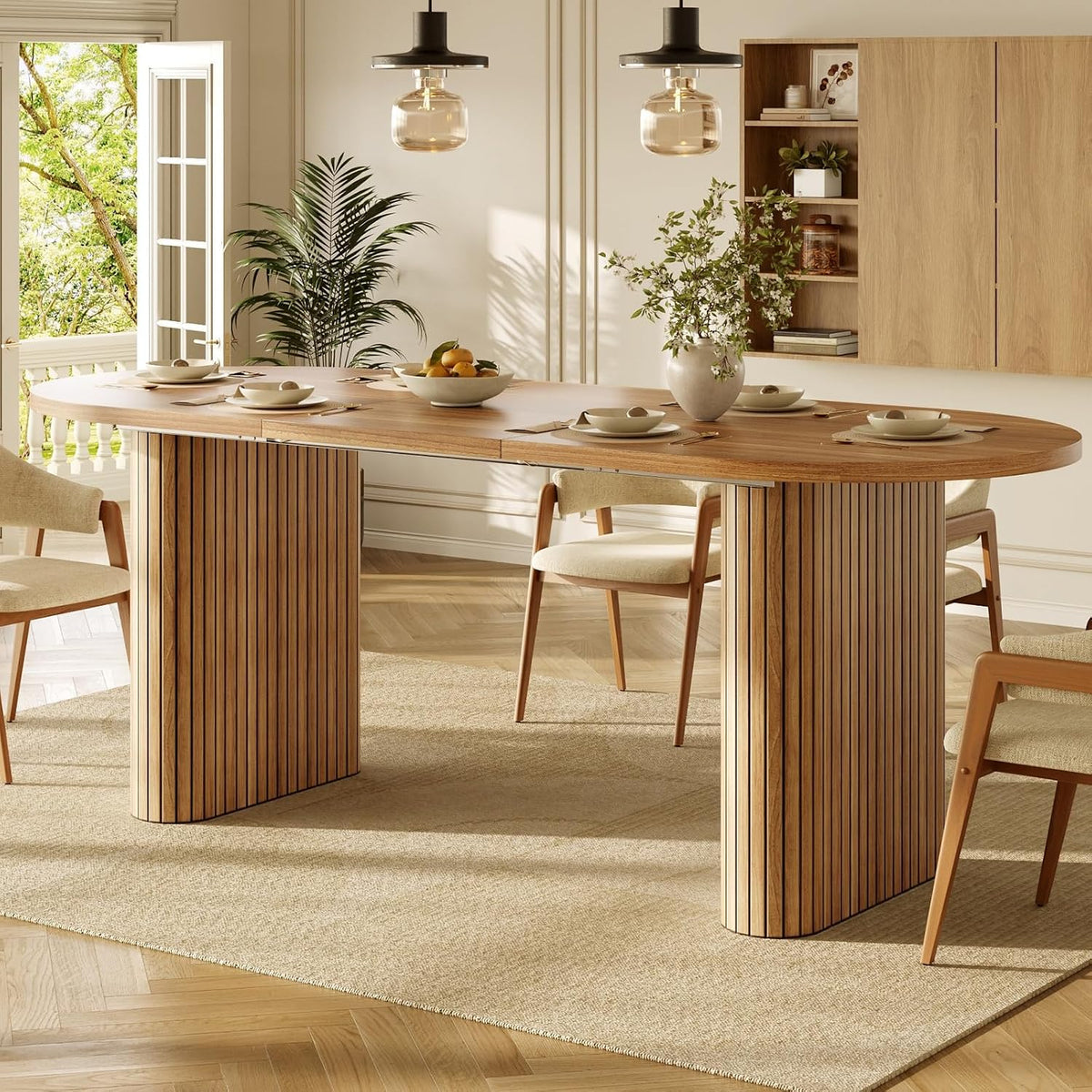 Table, 160 × 80 × 75.5 cm, avec Pieds Elliptiques, pour 4 à 6 Personnes, YEHTOKHOME, 160 cm, 120-160cm Naturel-2, 34.95kg, 60kg