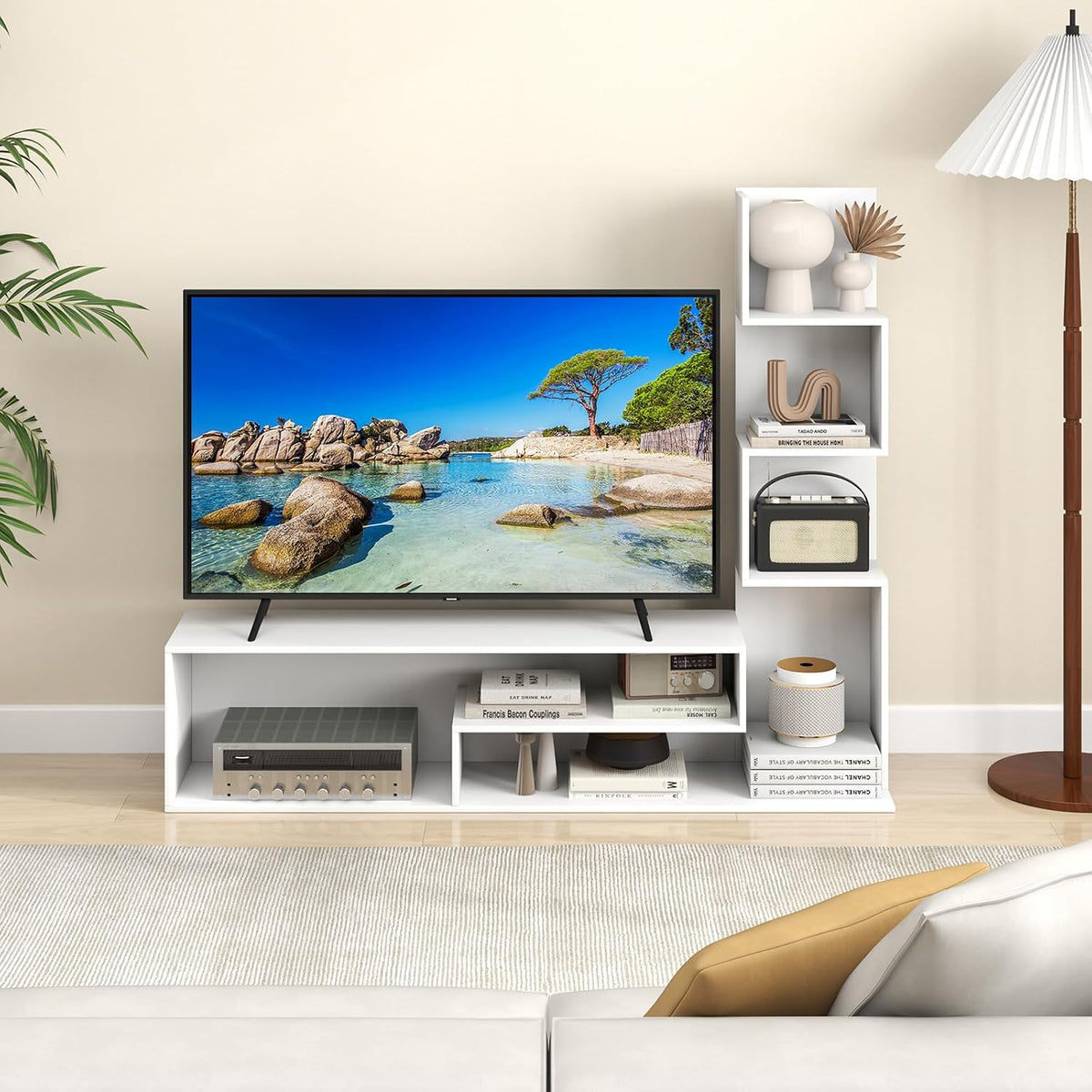 Meuble TV, 145 × 30 × 121 cm, pour Salon, GIANTEX, 50 Pouces, 40KG, 2 Étagères, 3 Compartiments de Rangement, Charge 40KG, Blanc, Dessus Spacieux