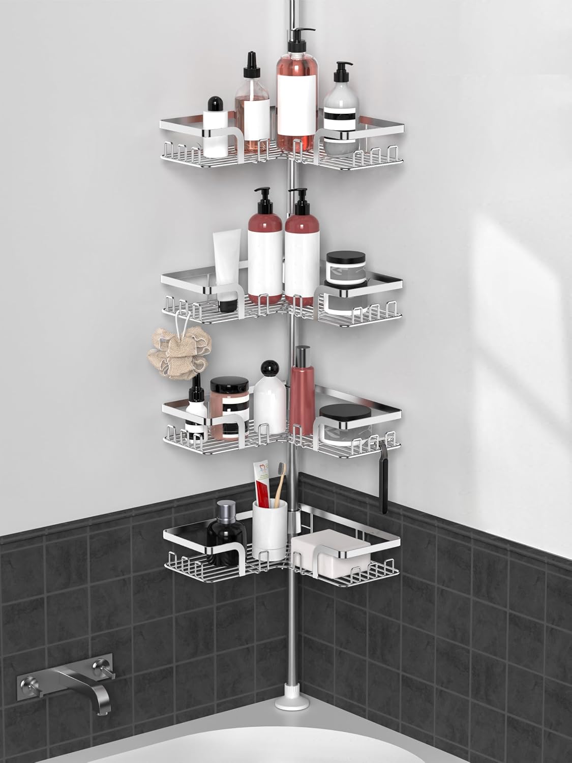 Serviteur de douche, acier inoxydable, Avec Une Hauteur Réglable de 63, 5 à 290 CM, KEGII, Etagere Douche Telescopique Argent