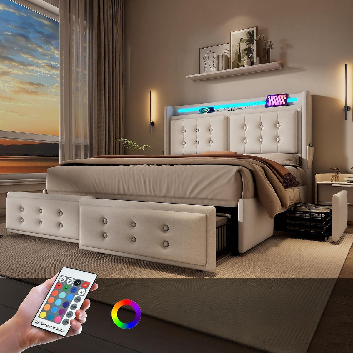 Lit, télécommande, 4 Tiroirs, Rembourré pour 2 Personnes, Zepneiy, Coffre 4 Tiroirs, éclairage LED, réglable, Sans Matelas, Double à Lattes