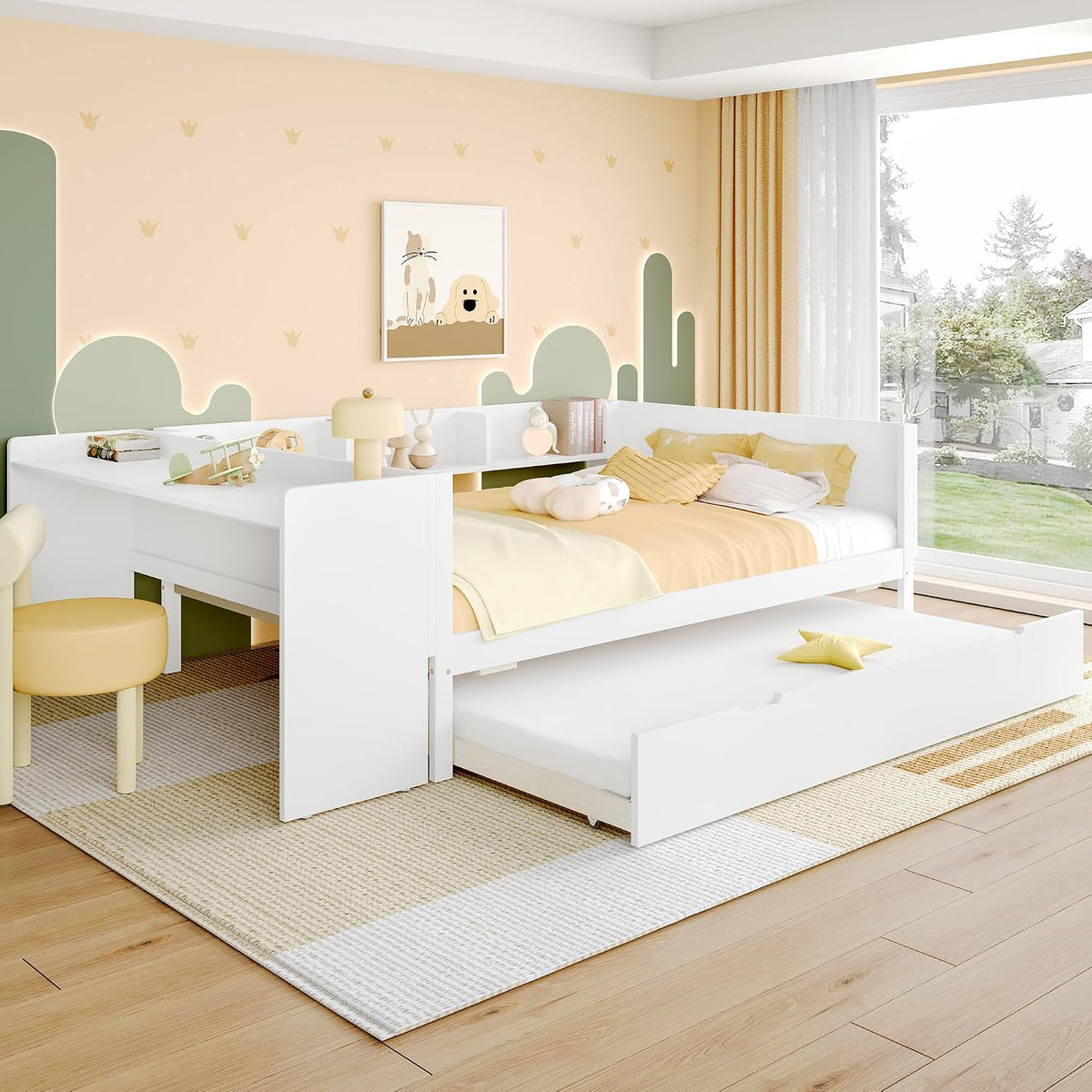 Lit, avec bureau, 140 × 200 cm, Zravenna, sans matelas, blanc D, étagères, en pin