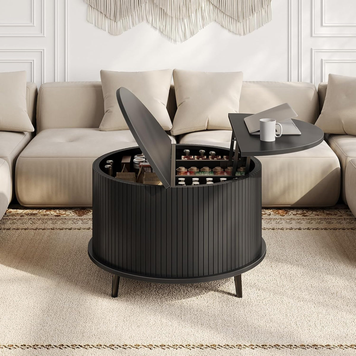 Table basse Yanosaku, Hauteur Réglable 50-64 cm, Table de Salon Multifonction Noir, 80 cm, 80 × 80 × 50 cm, Rangement Caché