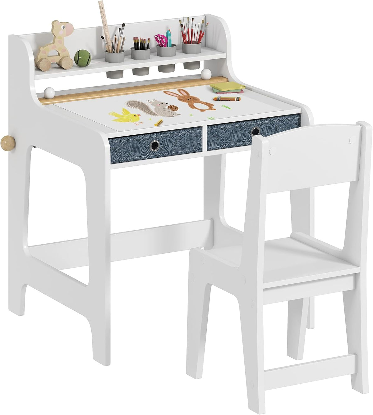 Bureau, 58 cm, 2 Tiroirs en Tissu, AIYAPLAY, 31, 8 cm, 3-8 Ans, Blanc