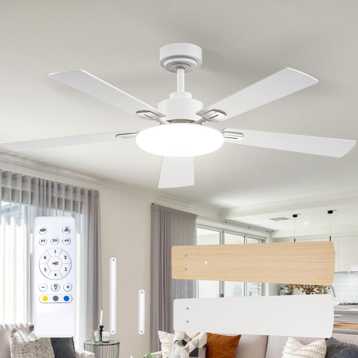Ventilateur de plafond Passky, télécommande, 132 cm, 35 dB, 6 vitesses, 132cm, 107cm, éclairage LED, réglable, Blanc-Tige