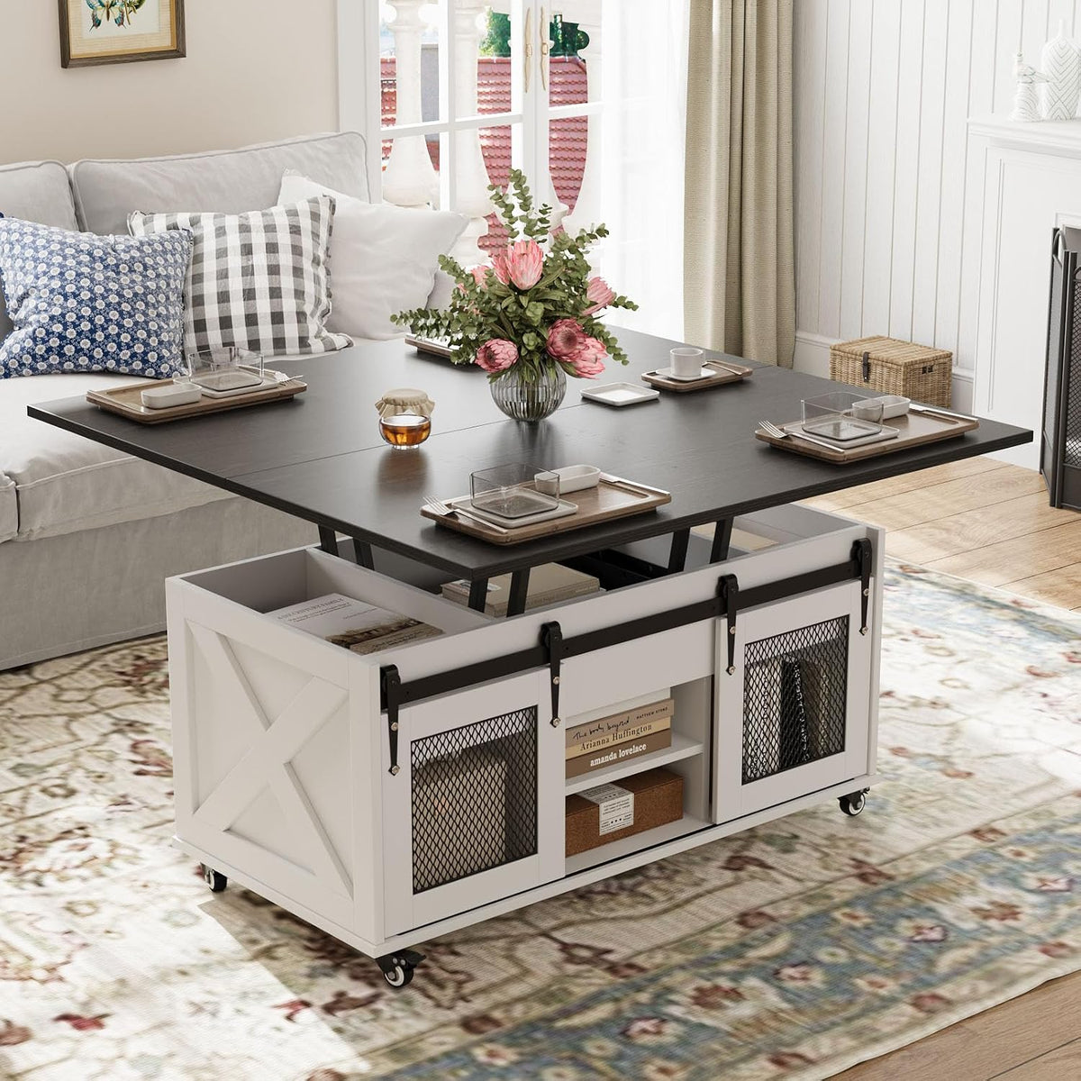 Table basse, 41, 3 pouces, VOWNER, 108L, 105W, 2 étagères, 2 portes, portable