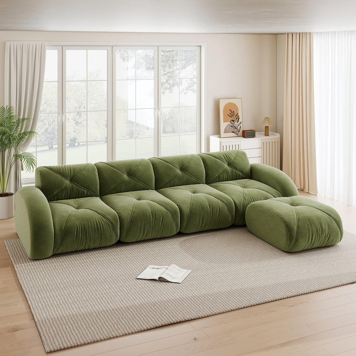 Canapé, 4places 1pouf, Tissu Chenille, EURHCIO, 1 Pouf, Modulable et Convertible, Aucun Montage Requis