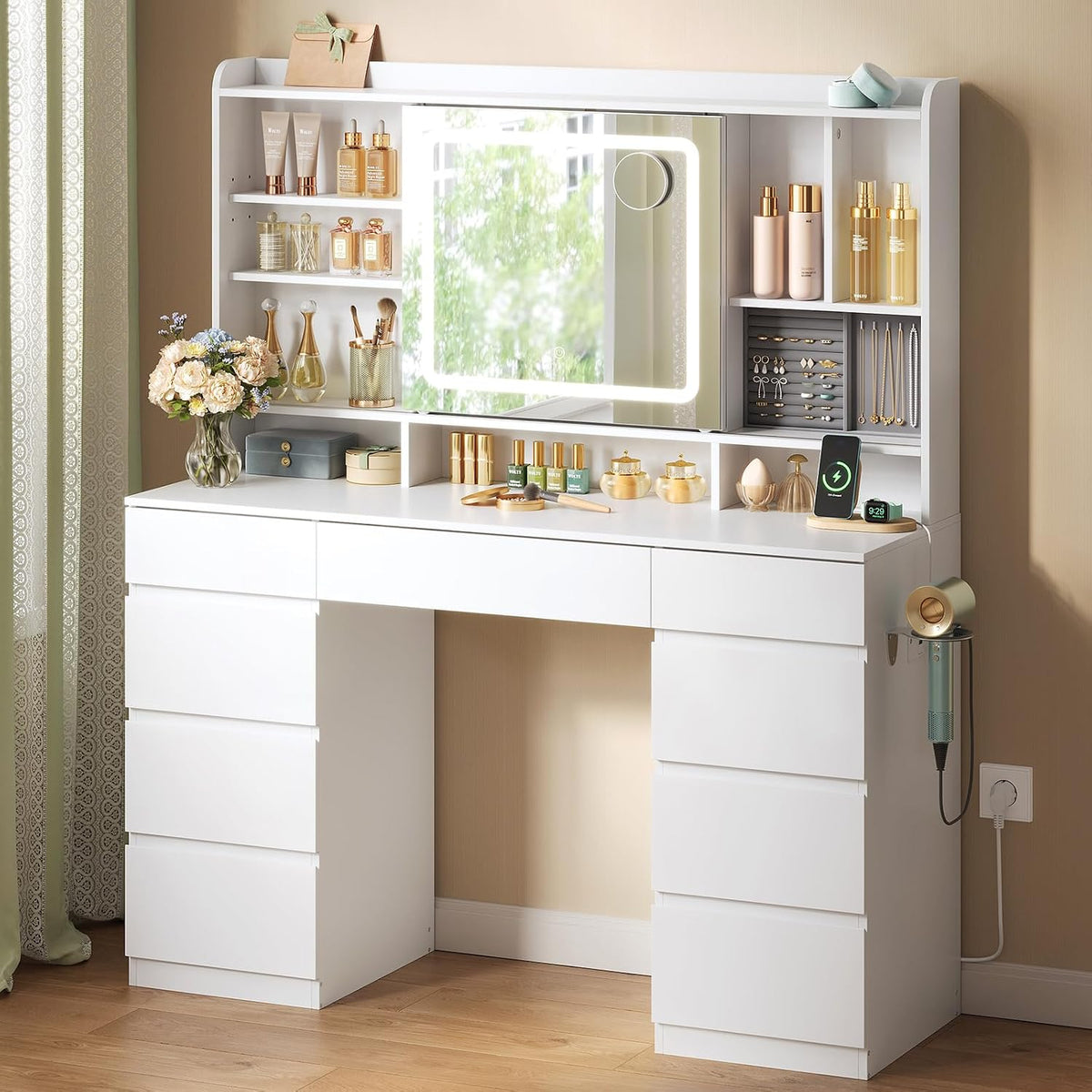 Coiffeuse, éclairage LED, 3 modes, WOLTU, 9 tiroirs, 1 Casier à Bijoux, réglable, commande tactile, Multiprise
