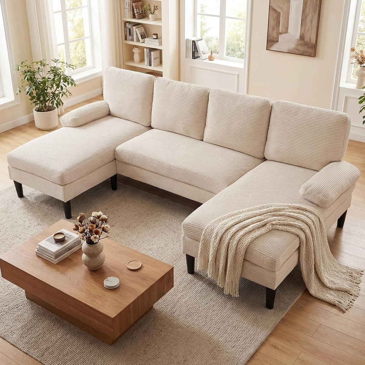 Canapé COSTWAY, 258 × 125 × 71, 5 cm, Tissu en Velours Côtelé/Chenille Doux, 57 × 46 × 13 cm, 18 cm, 4 Coussins, Modulable, Moderne, Beige