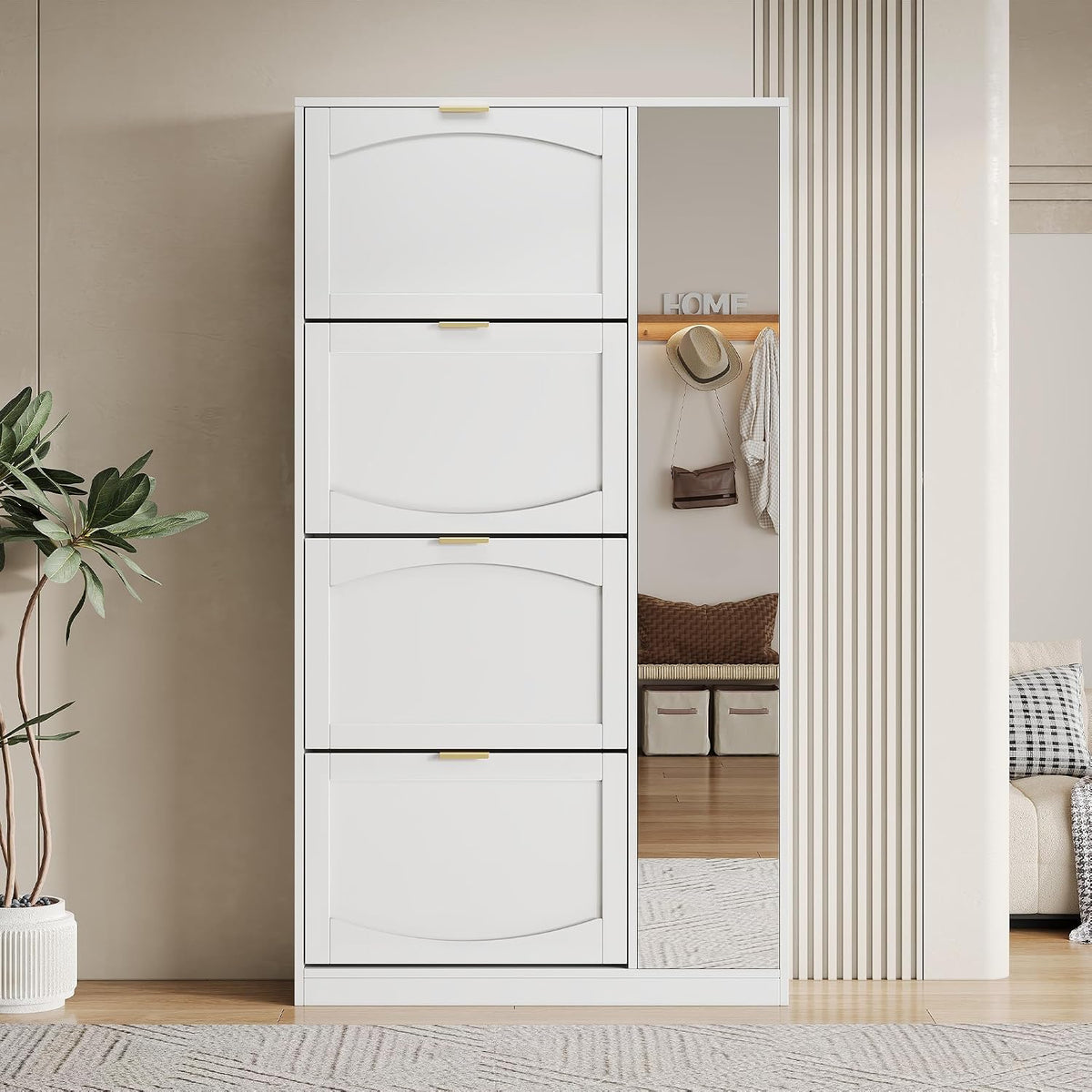 Armoire, Meuble Chaussure Blanc pour entrée, 4 Portes, réglable, QSOST, avec étagère réglable, Meuble à Chaussures Entree, Moderne, séjour